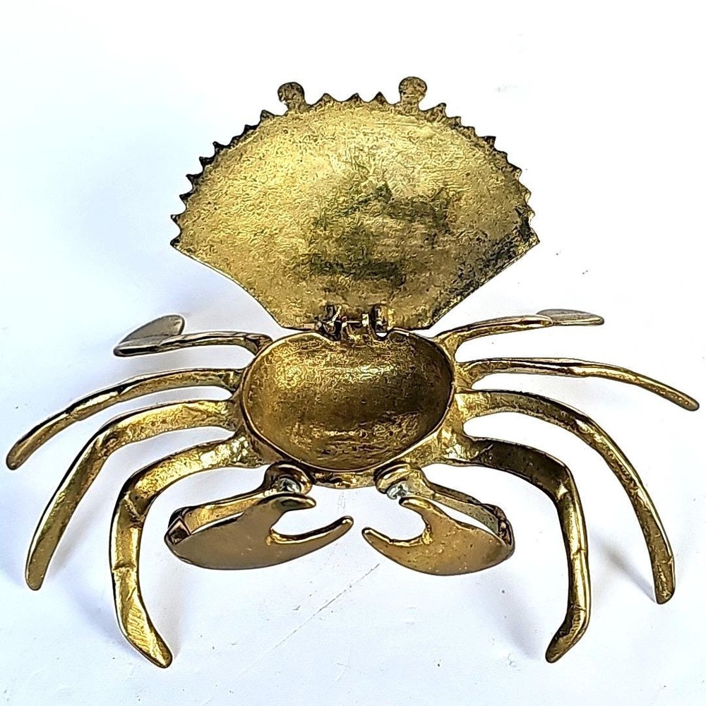 Vtg Solid Brass Crab Hinged Trinket Box Coastal Nautical Decor Curio Figurine